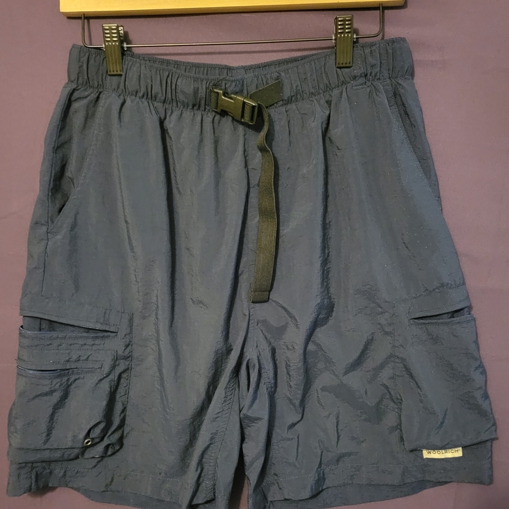Woolrich Blue Cargo Swim Shorts with Elastic Waistband Buckle Belt. Size Medium